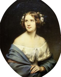 Retrato de Jenny Lind, de pie medio cuerpo en un vestido blanco y un chal azul claro de Eduard Magnus