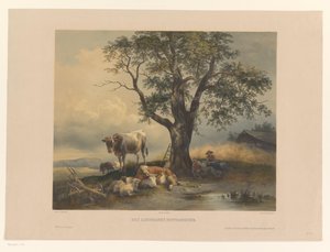 Figuras con ganado descansando en un paisaje Mittagsruhe de Des Landmann (título sobre objeto) de Eduard Weixlgärtner