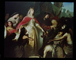 Detalle de los Reyes Católicos recibiendo a los cristianos cautivos tras la conquista de Málaga en 1487