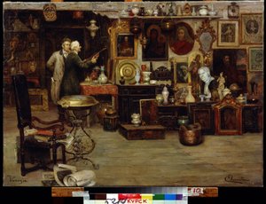 La tienda de curiosidades. Pintura de Eduardo Vianella (siglo XIX). Óleo sobre lienzo, 63,2 x 88,7 cm. Arte italiano del siglo XIX. Galería de Arte Regional A.Deneik, Kursk.