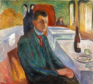 Autorretrato con una botella de vino de Edvard Munch