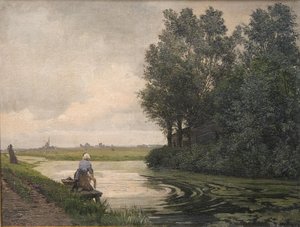 Paisaje holandés. Una niña lavando en un canal de Edvard Petersen