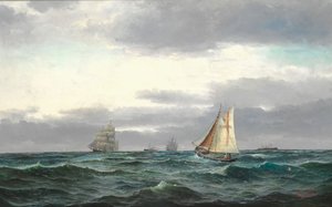 Marina con varios barcos, nubes grises de lluvia y un poco de cielo azul de Edvard Skari