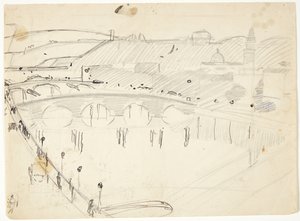 Vista desde una ventana en Lungarno sobre el río hacia Santo Spirito y las colinas de San Miniato, Florencia