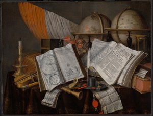 Una naturaleza muerta de vanitas con una bandera, candelabro, instrumentos musicales, libros, material de escritura, globos y reloj de arena de Edwaert Collier