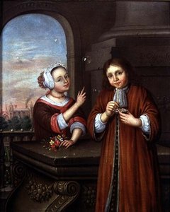 Niña señalando a un niño soplando burbujas en un entorno arquitectónico