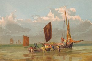 Barcos de pesca saliendo, frente a Norfolk (litografía en color) de Edward (after) Duncan