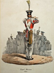 Flautista de los Marines Reales, c.1829 (litografía coloreada a mano) de Edward (after) Hull