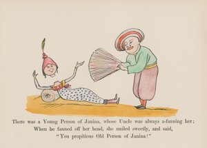 Había una Joven de Janina, cuyo Tío siempre la estaba abanicando (grabado coloreado)