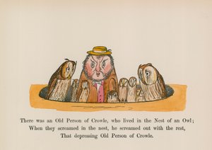 Había un anciano de Crowle, que vivía en el nido de un búho (grabado coloreado)