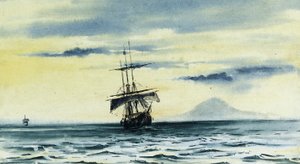 La última vista del Monte Discovery: SS. "Morning" y "Terra Nova" siguiendo al "Discovery" fuera del Estrecho de McMurdo, 19 de febrero de 1904 a medianoche, 1904 de Edward Adrian Wilson