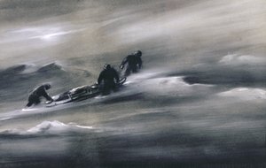 Tres hombres con un trineo en la nieve, 1910-12