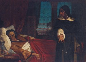 Una figura con capa ante la cama de un hombre angustiado de Edward Armitage