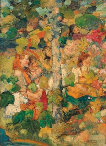 Niños bailando alrededor de un árbol de Edward Atkinson Hornel