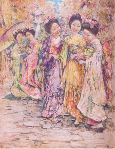 El paseo, Kioto, ilustración de My Magazine de Edward Atkinson Hornel