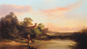 Paisaje inglés con cabaña y arroyo de Edward Charles Williams