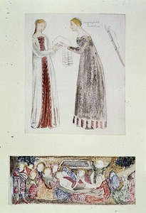 Dos criadas, una copia de El Nacimiento de María de Giovanni da Milano de la Capilla Rinuccini, Florencia; La Lamentación de Edward Coley Burne Jones