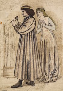 Escena del rey René esculpiendo una figura mientras es observado por su nueva esposa (pluma y tinta china con aguada y lápiz sobre papel) de Edward Coley Burne Jones