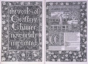 Página de título y página de apertura de la edición de Kelmscott Press de "Las obras de Geoffrey Chaucer", 1896 de Edward Burne Jones