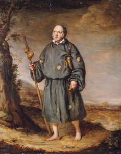 Retrato de un caballero como peregrino, en un camino, sosteniendo un bastón con una calabaza y una biblia