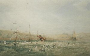 Pescadores persiguiendo gaviotas desde las redes, Mumbles, Gales del Sur de Edward Duncan