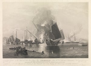 El Hon. E.I. Co. Iron Steam Ship Nemesis, ... con botes de Sulphur, Calliope, Larne y Starling, destruyendo los juncos de guerra chinos, en Anson