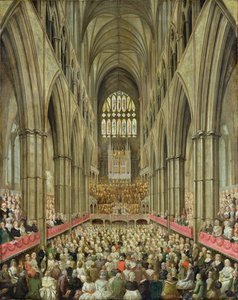 Vista interior de la Abadía de Westminster en la conmemoración del centenario de Handel, tomada desde la caja del gerente, c.1793 de Edward Edwards