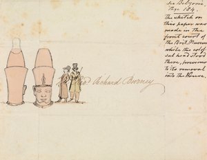 Carta al reverendo Richard Burney con un dibujo de una cabeza colosal del patio del Museo Británico de Edward Francis Burney