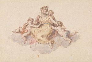 Madre e hijos sentados en una nube