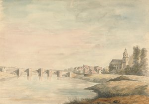 Paisaje fluvial con puente de Edward Francis Burney