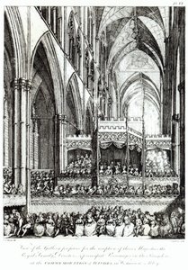 Vista de la Galería preparada para la recepción de sus Majestades la Familia Real, Directores y principales Personajes del Reino en la Conmemoración de Handel en la Abadía de Westminster de Edward Francis Burney