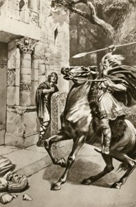El Sumo Sacerdote Coifi cabalgando por Goodmanham Lane para aplastar a los ídolos, ilustración de 