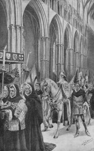 Los corceles del rey Enrique V siguen su féretro por la nave (litografía) de Edward Frederick Skinner