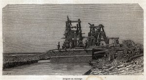 Dragas en el Canal de Suez, dibujo de Grenet, para ilustrar una excursión al Canal de Suez en 1862 por Paul Merruau. Grabado en "Le tour du monde", editado por Edouard Charton de Edward Grenet