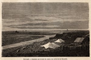 Astilleros de Port Said, en el borde del Canal de Suez, a su salida del Lago Menzaleh, dibujo de Grenet, para ilustrar una excursión al Canal de Suez, en 1862, por Paul Merruau. Grabado en "Le tour du monde", editado por Edouard Charton de Edward Grenet