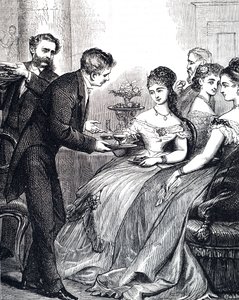 Grabado que representa a un caballero entregando a una dama un plato de gelatina en una cena de Edward Hughes