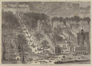 Vista aérea de Buckingham y los palacios de St James, mostrando la procesión pasando de Edward Hull