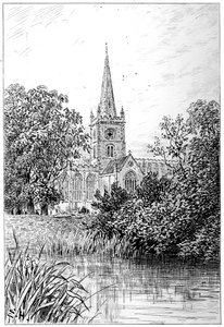 Iglesia de Stratford vista desde el río, Stratford-upon-Avon, Warwickshire, 1885 de Edward Hull