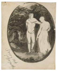 Una pareja en un paisaje boscoso en un óvalo (verso), c. 1838-1848 de Edward Lear