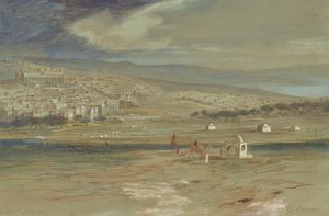 Vista de la ciudad de Hebrón con camellos y figuras en primer plano