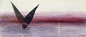 Un barco egipcio en el Nilo, en Manfaloot (Egipto). Dibujo en acuarela coloreada de Edward Lear