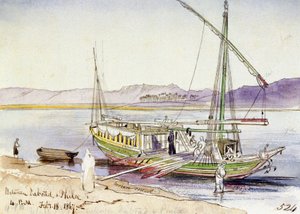 Barco egipcio atracado en la orilla del Nilo, entre Daboad y Phila (Egipto). Dibujo en acuarela coloreada