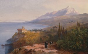 Monte Athos y el Monasterio de Stavronikétes, 1857 de Edward Lear