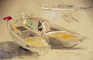 Estudios de barcos venecianos, en la orilla. Dibujo en acuarela coloreada, por Edward Lear (1812-1888).