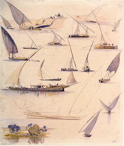 Estudios de varios barcos egipcios. Dibujo en acuarela coloreada