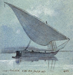 Estudio de un gyasi (barco egipcio) cerca de Malatieh (o Malatia, Egipto). Dibujo en acuarela coloreada