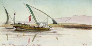 Estudio de gyassi (barca egipcia), en el Nilo, cerca de Ballas (Egipto). Dibujo en acuarela coloreada de Edward Lear