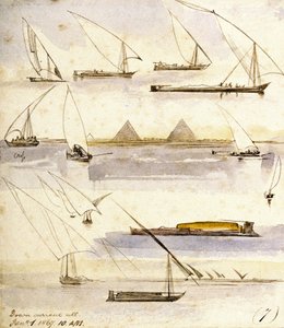 Estudio de varios barcos egipcios (Dahabeeyahs y Gyassis), con una escena delante de las pirámides de Giza (El Cairo) en el centro de la página.