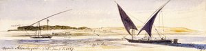 La extensión del Nilo y sus orillas, con dos embarcaciones tradicionales egipcias, entre ellas una Dahabeeya. Dibujo en acuarela coloreada de Edward Lear