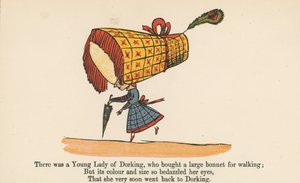 Había una joven dama de Dorking, que compró un gran sombrero para caminar, de 